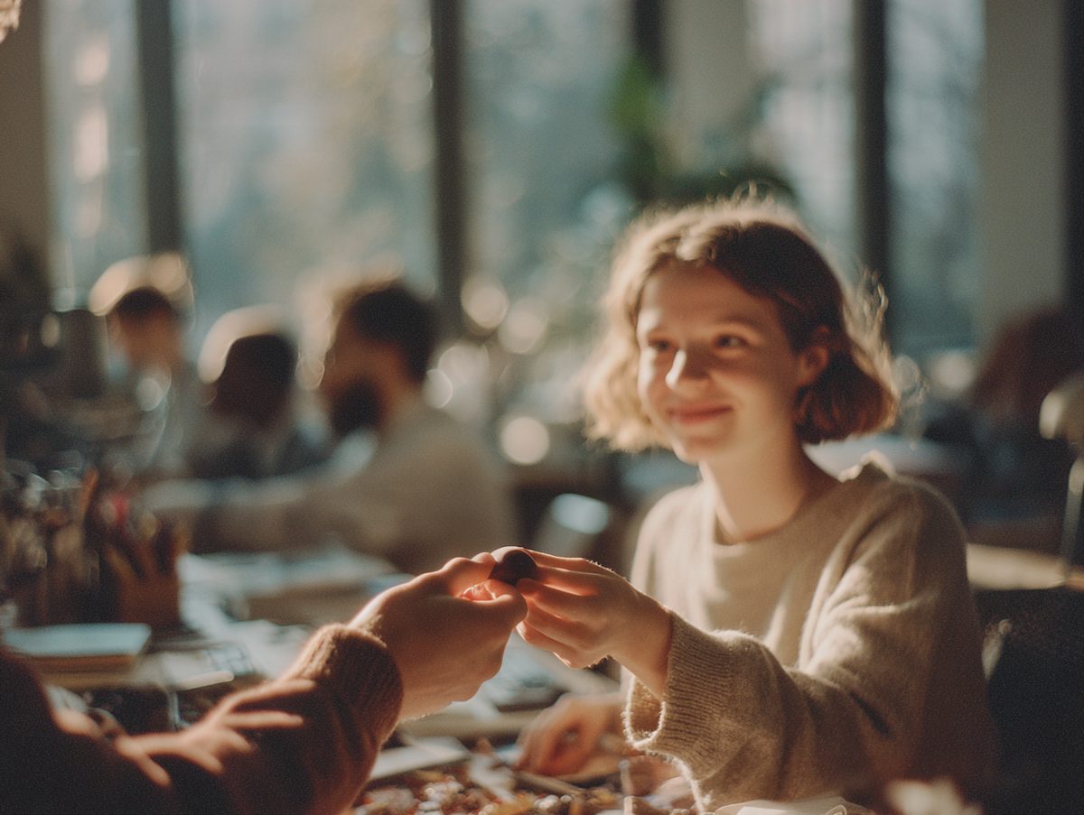 Two people sharing a NOLSK piece across a sunny table
