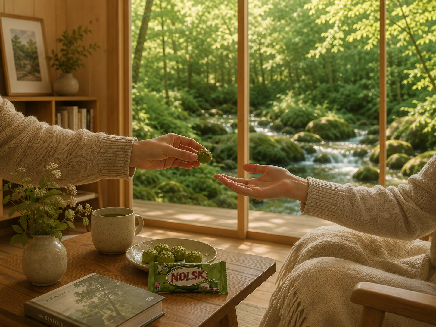 Two people sharing NOLSK matcha at a window table over a forest stream