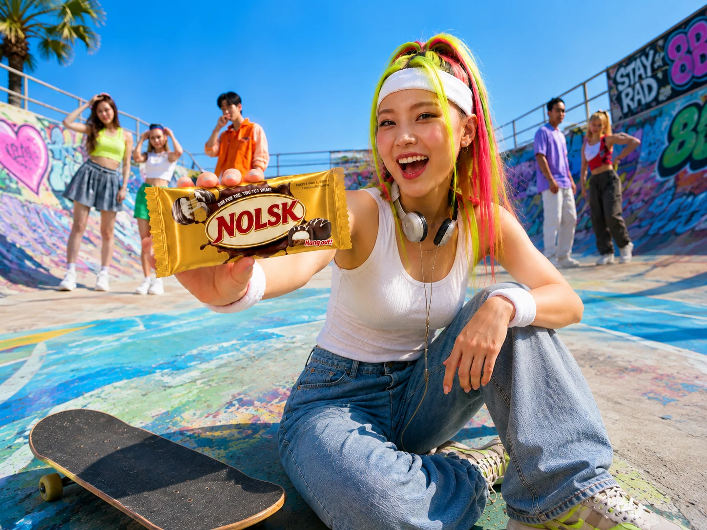 A NOLSK fan holding the chocolate bar at a graffiti skate park